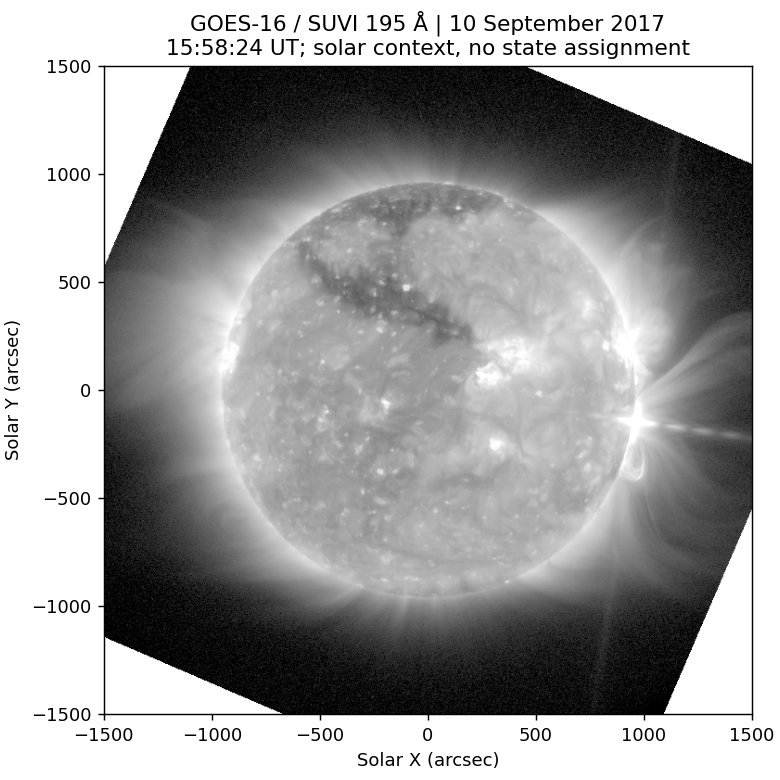 Full-Sun grayscale SUVI radiance; observational context only